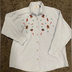Vintage Christmas Holiday Embroidered Button Down, Women’s 20W